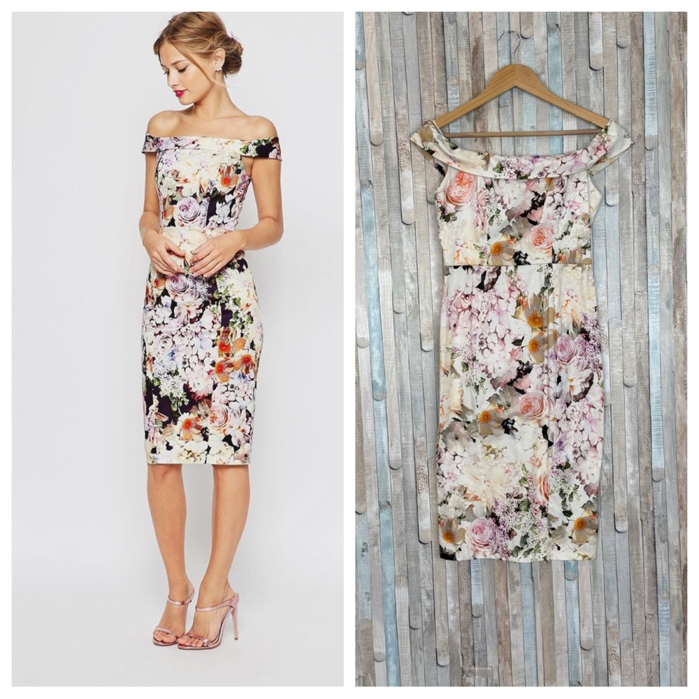 Asos 6 Wedding Bardot Graphic Floral Print Off Shoulder Pencil Dress Wiggle $120